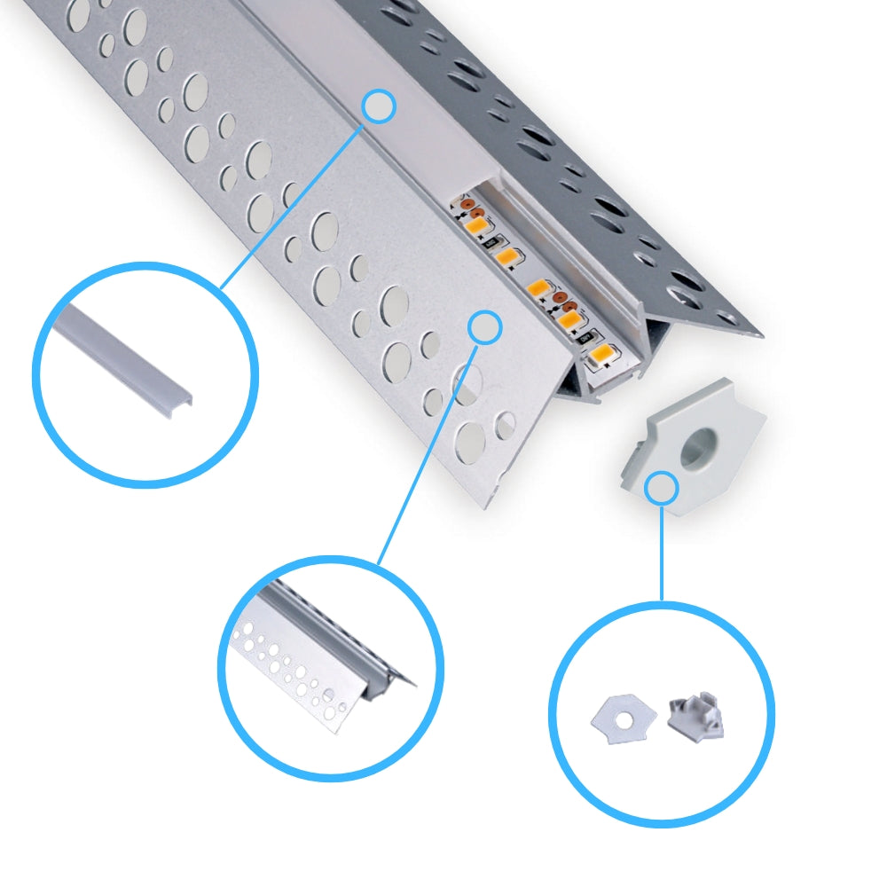 2m Trockenbau LED-Profil  – Aluminium Einbauprofil für Außenecken in Gipskarton