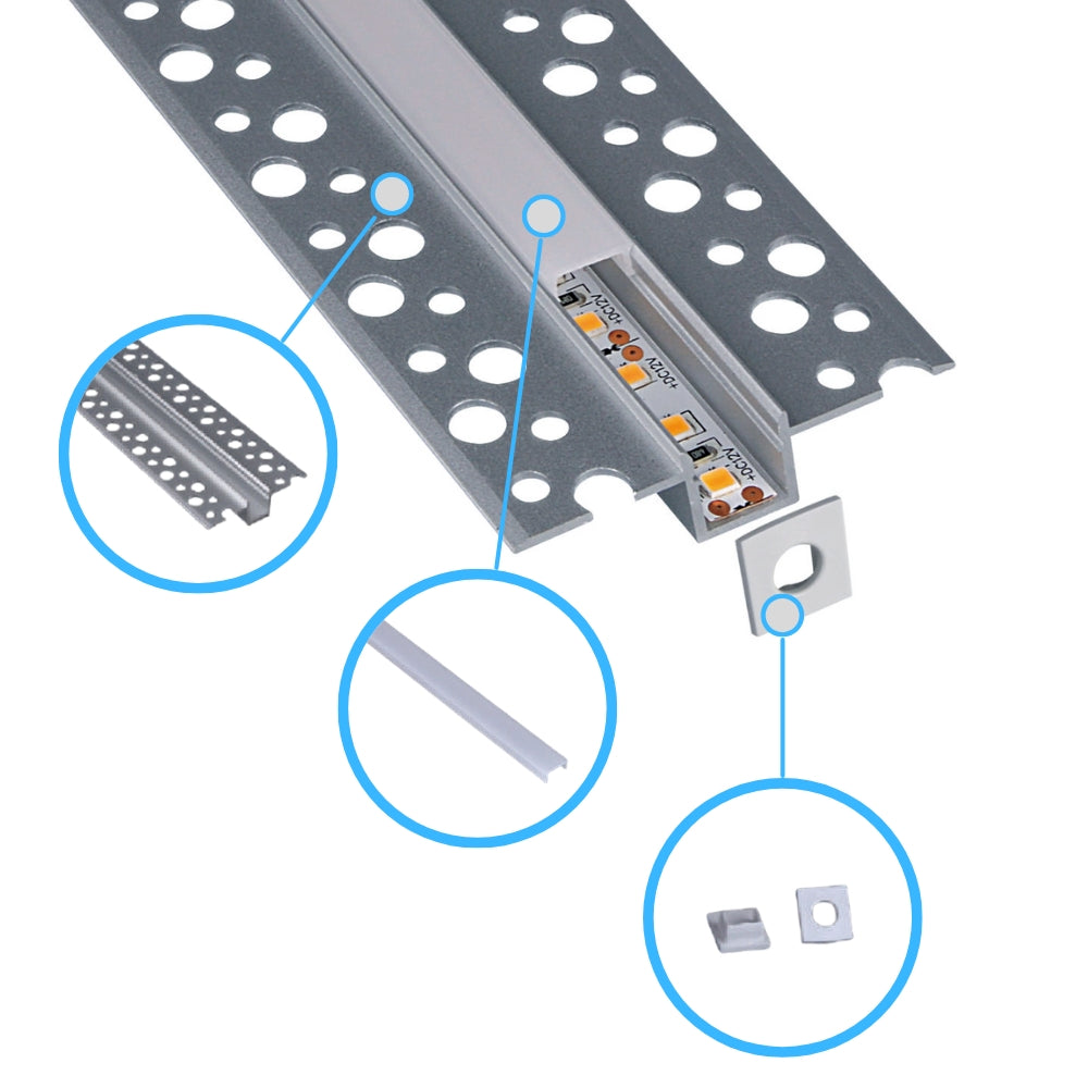 LED-Trockenbauprofil mit Spachtelfahnen – 2m Aluminium-Einbauprofil für Gipskarton