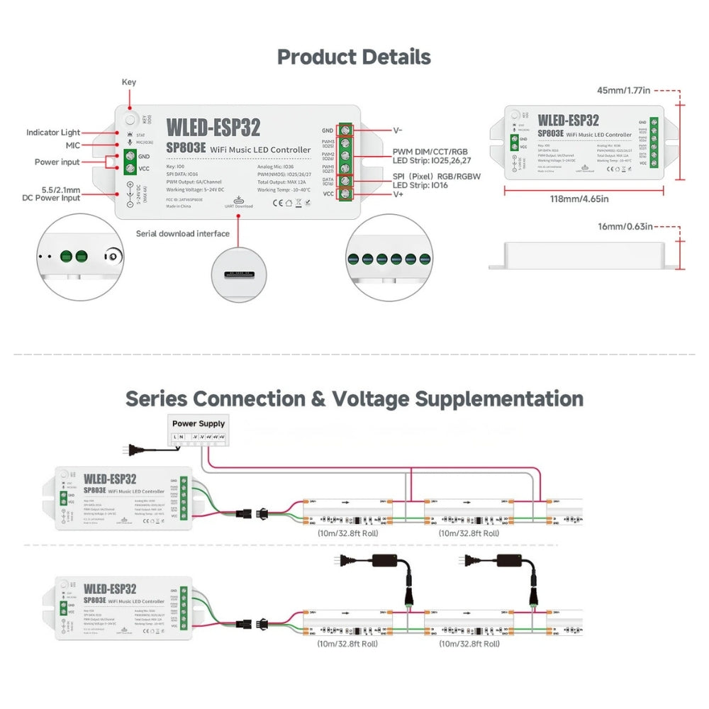 WLED ESP32 WiFi LED-Controller für SPI & PWM LED-Streifen (5-24 V)