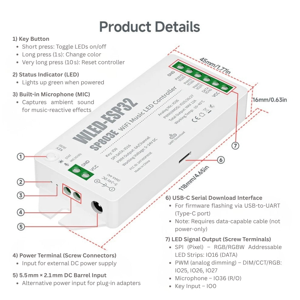 WLED ESP32 WiFi LED-Controller für SPI & PWM LED-Streifen (5-24 V)