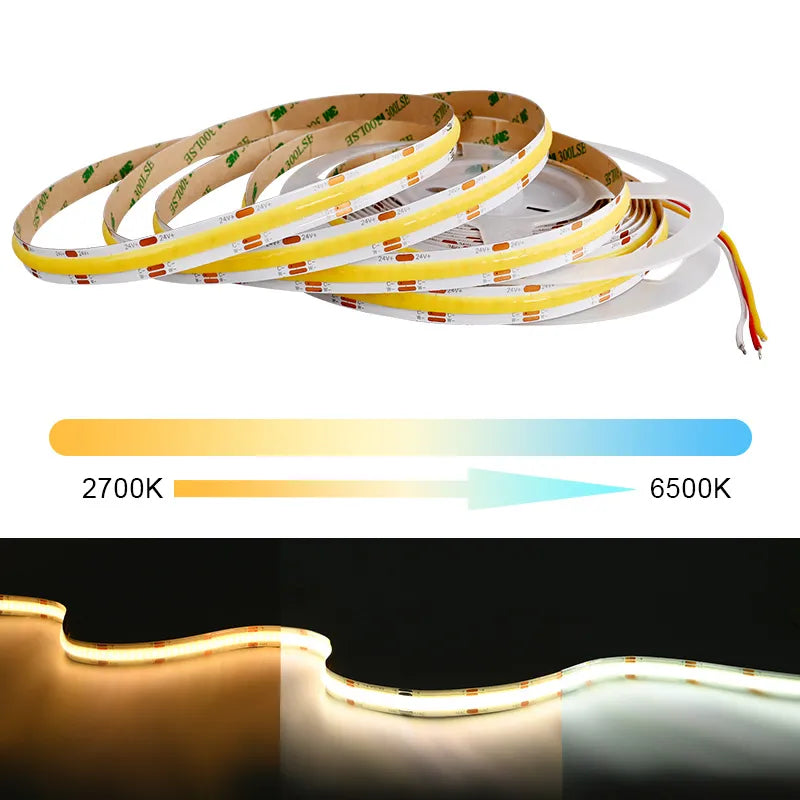 5m COB CCT LED Strip 12/24V 608 LEDs/m