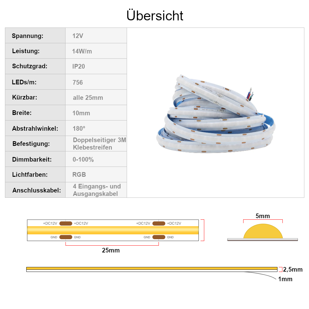 12V COB LED Streifen 756 LEDs/m RGB 5m