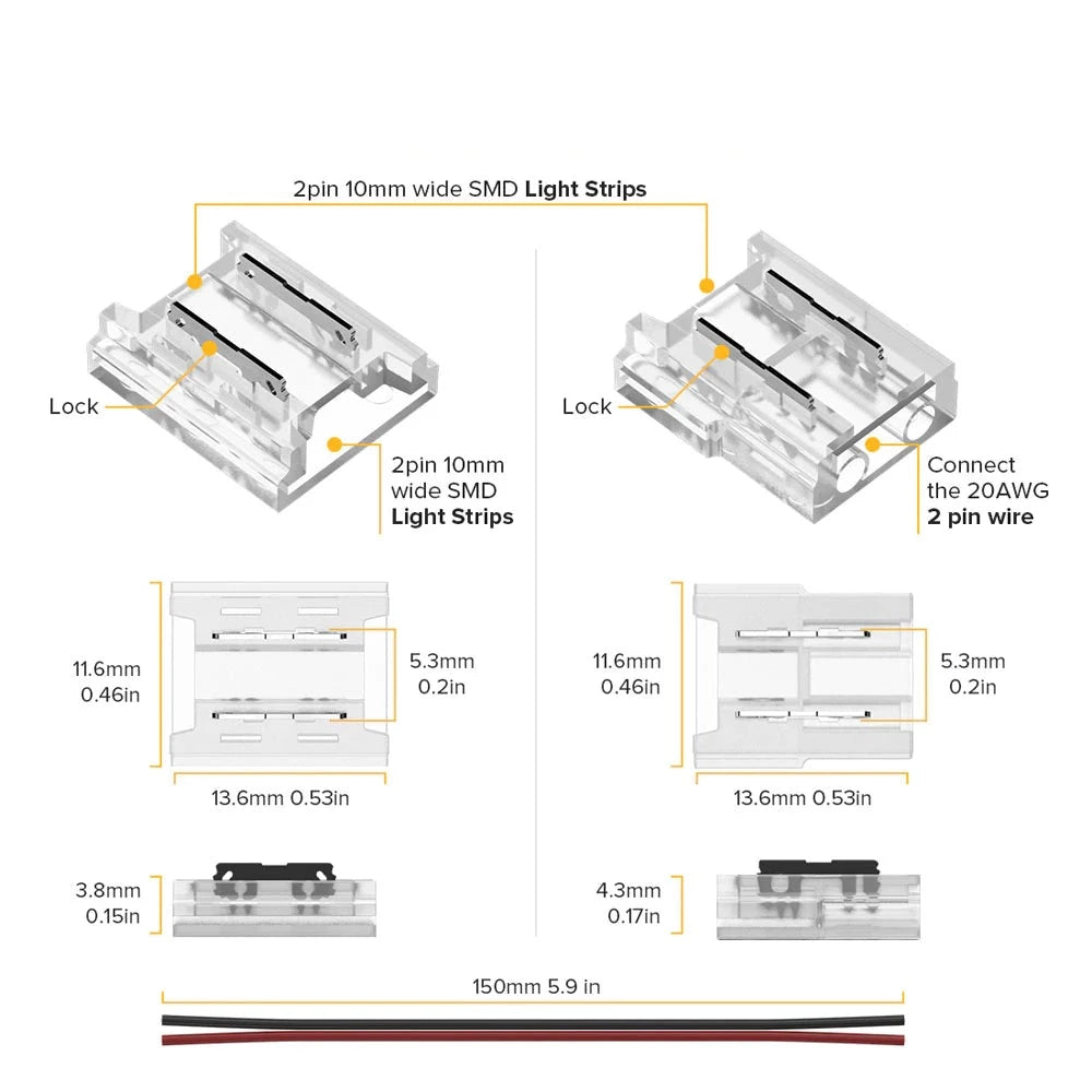 Verschiedene LED Konnektoren für 2-Pin COB LED-Stripes 10mm